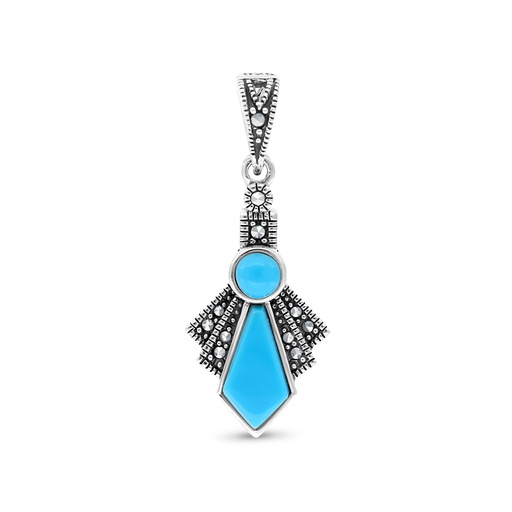 [PND04MAR00TRQA536] Sterling Silver 925 Pendant Embedded With Natural Processed Turquoise And Marcasite Stones