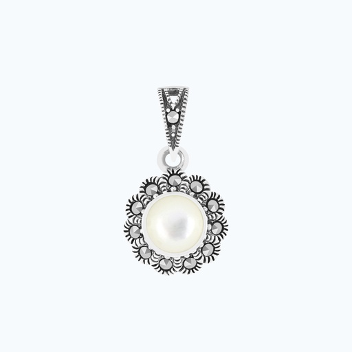 [PND04MAR00MOPA549] Sterling Silver 925 Pendant Embedded With Natural White Shell And Marcasite Stones