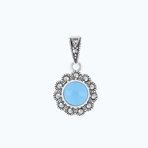 [PND04MAR00TRQA549] Sterling Silver 925 Pendant Embedded With Natural Processed Turquoise And Marcasite Stones