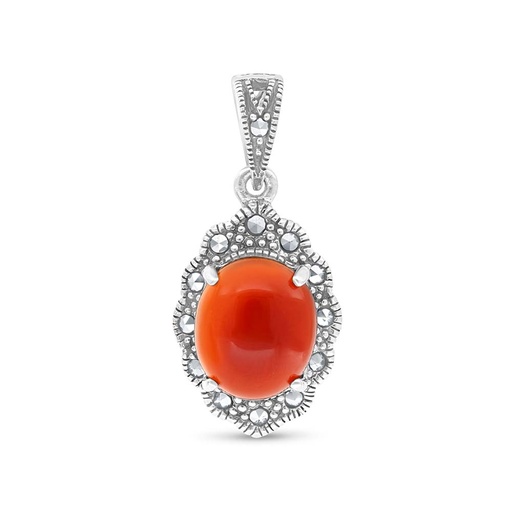 [PND04MAR00RAGA414] Sterling Silver 925 Pendant Embedded With Natural Aqiq And Marcasite Stones