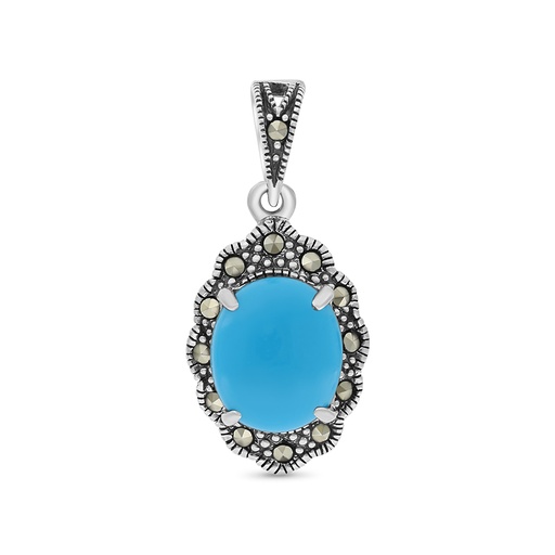 [PND04MAR00TRQA414] Sterling Silver 925 Pendant Embedded With Natural Processed Turquoise And Marcasite Stones