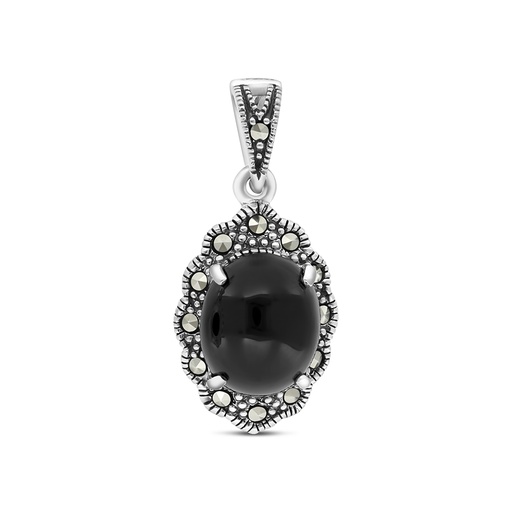 [PND04MAR00ONXA414] Sterling Silver 925 Pendant Embedded With Natural Black Agate And Marcasite Stones