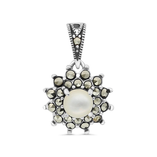 [PND04MAR00MOPA550] Sterling Silver 925 Pendant Embedded With Natural White Shell And Marcasite Stones