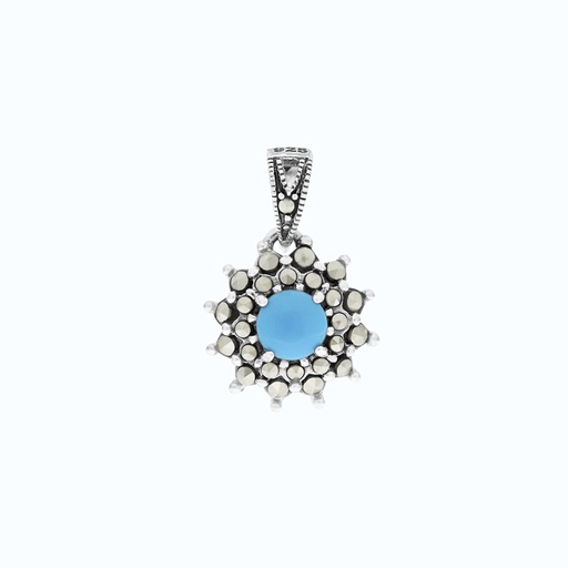 [PND04MAR00TRQA550] Sterling Silver 925 Pendant Embedded With Natural Processed Turquoise And Marcasite Stones