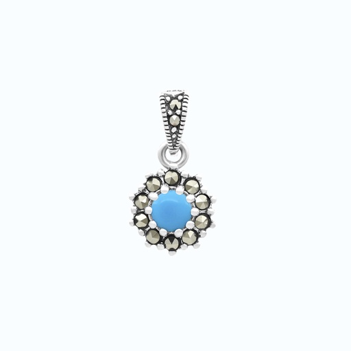 [PND04MAR00TRQA551] Sterling Silver 925 Pendant Embedded With Natural Processed Turquoise And Marcasite Stones