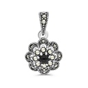 Sterling Silver 925 Pendant Embedded With Natural Black Agate And Marcasite Stones