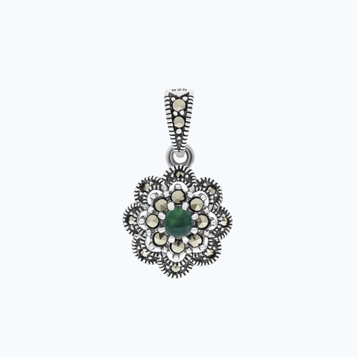 [PND04MAR00GAGA552] Sterling Silver 925 Pendant Embedded With Natural Green Agate And Marcasite Stones