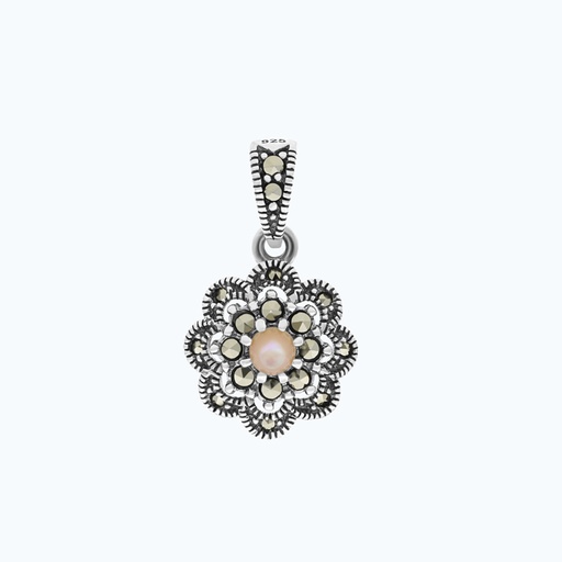 [PND04MAR00PNKA552] Sterling Silver 925 Pendant Embedded With Natural Pink Shell And Marcasite Stones