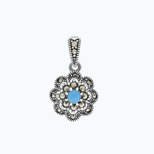 [PND04MAR00TRQA552] Sterling Silver 925 Pendant Embedded With Natural Processed Turquoise And Marcasite Stones