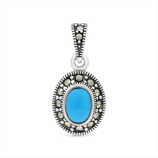 [PND04MAR00TRQA420] Sterling Silver 925 Pendant Embedded With Natural Processed Turquoise And Marcasite Stones