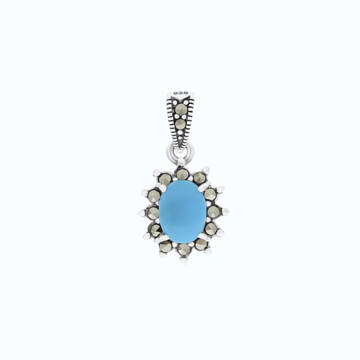 [PND04MAR00TRQA553] Sterling Silver 925 Pendant Embedded With Natural Processed Turquoise And Marcasite Stones