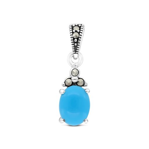 [PND04MAR00TRQA554] Sterling Silver 925 Pendant Embedded With Natural Processed Turquoise And Marcasite Stones