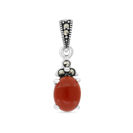 [PND04MAR00RAGA554] Sterling Silver 925 Pendant Embedded With Natural Aqiq And Marcasite Stones