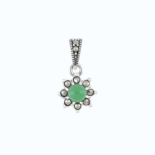 [PND04MAR00GAGA555] Sterling Silver 925 Pendant Embedded With Natural Green Agate And Marcasite Stones