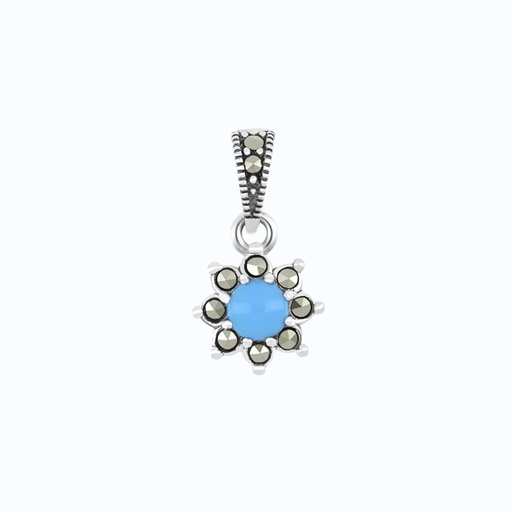 [PND04MAR00TRQA555] Sterling Silver 925 Pendant Embedded With Natural Processed Turquoise And Marcasite Stones