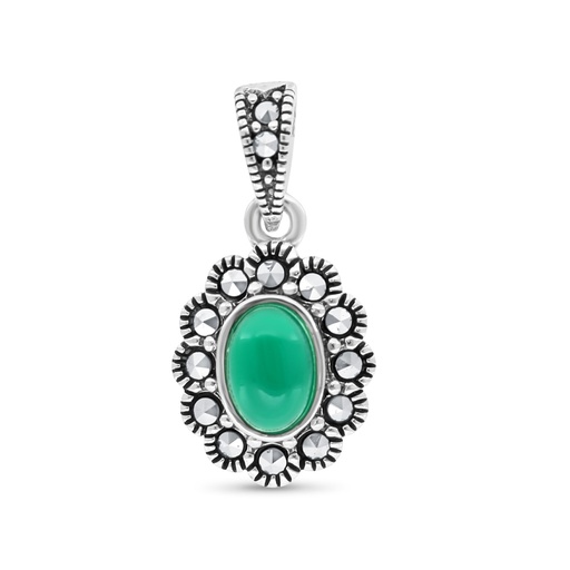 [PND04MAR00GAGA556] Sterling Silver 925 Pendant Embedded With Natural Green Agate And Marcasite Stones