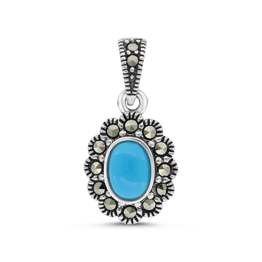 [PND04MAR00TRQA556] Sterling Silver 925 Pendant Embedded With Natural Processed Turquoise And Marcasite Stones