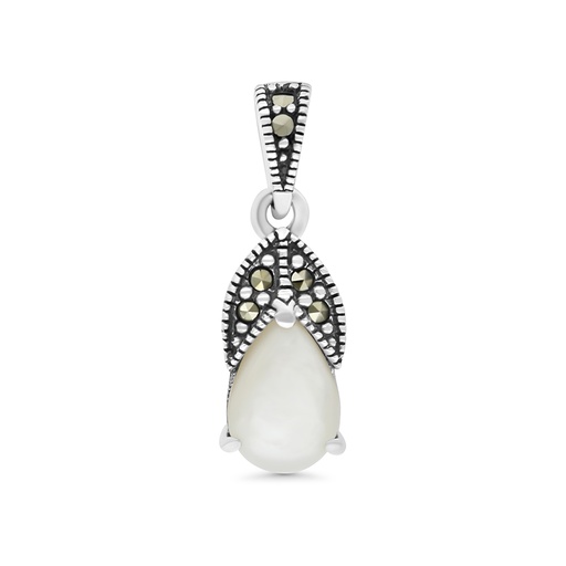 [PND04MAR00MOPA418] Sterling Silver 925 Pendant Embedded With Natural White Shell And Marcasite Stones