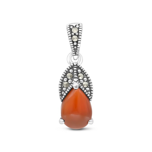 [PND04MAR00RAGA418] Sterling Silver 925 Pendant Embedded With Natural Aqiq And Marcasite Stones