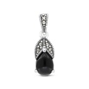 Sterling Silver 925 Pendant Embedded With Natural Black Agate And Marcasite Stones