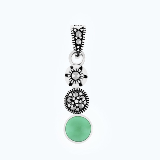 [PND04MAR00GAGA557] Sterling Silver 925 Pendant Embedded With Natural Green Agate And Marcasite Stones