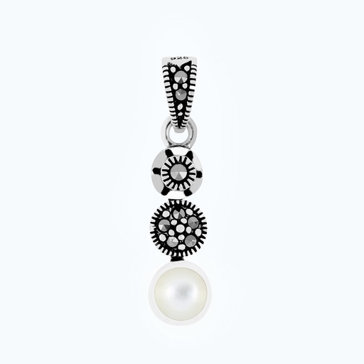 [PND04MAR00MOPA557] Sterling Silver 925 Pendant Embedded With Natural White Shell And Marcasite Stones