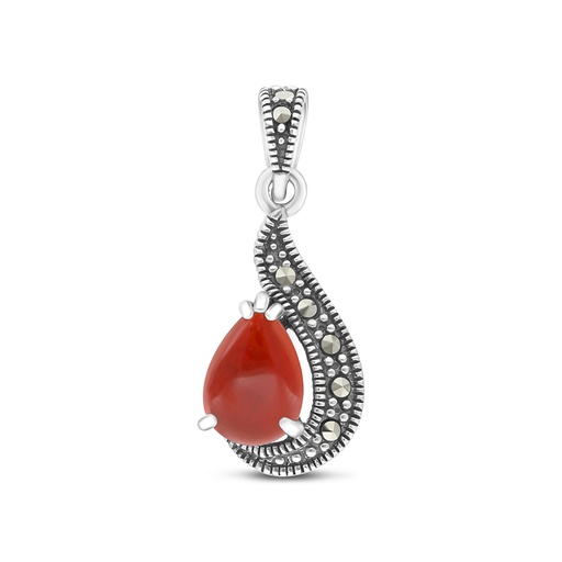 [PND04MAR00RAGA421] Sterling Silver 925 Pendant Embedded With Natural Aqiq And Marcasite Stones
