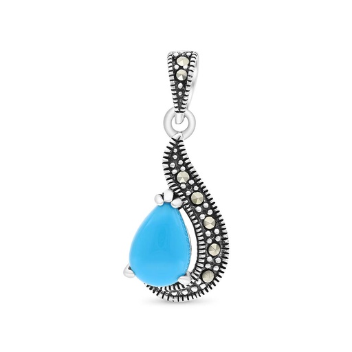 [PND04MAR00TRQA421] Sterling Silver 925 Pendant Embedded With Natural Processed Turquoise And Marcasite Stones