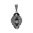 Sterling Silver 925 Pendant Embedded With Natural Black Agate And Marcasite Stones