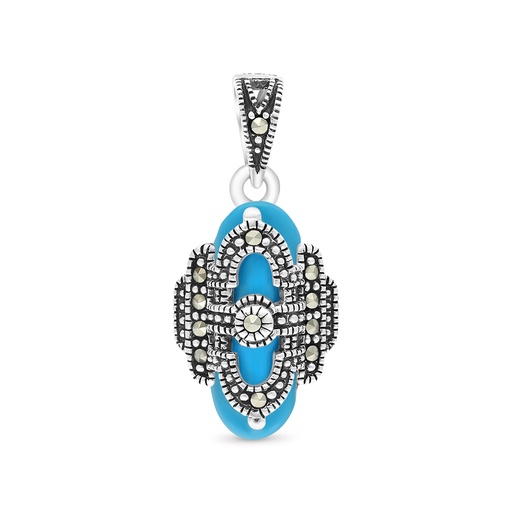 [PND04MAR00TRQA558] Sterling Silver 925 Pendant Embedded With Natural Processed Turquoise And Marcasite Stones