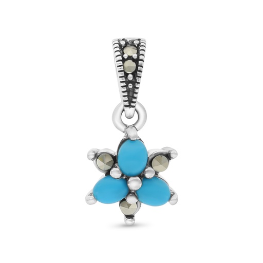 [PND04MAR00TRQA559] Sterling Silver 925 Pendant Embedded With Natural Processed Turquoise And Marcasite Stones
