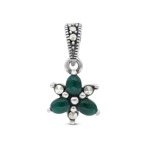 [PND04MAR00GAGA559] Sterling Silver 925 Pendant Embedded With Natural Green Agate And Marcasite Stones