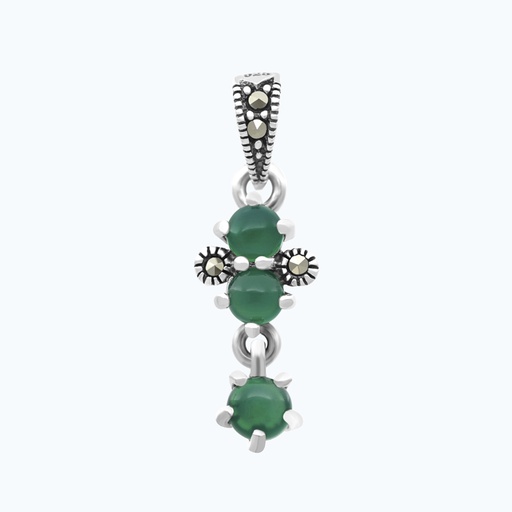 [PND04MAR00GAGA563] Sterling Silver 925 Pendant Embedded With Natural Green Agate And Marcasite Stones
