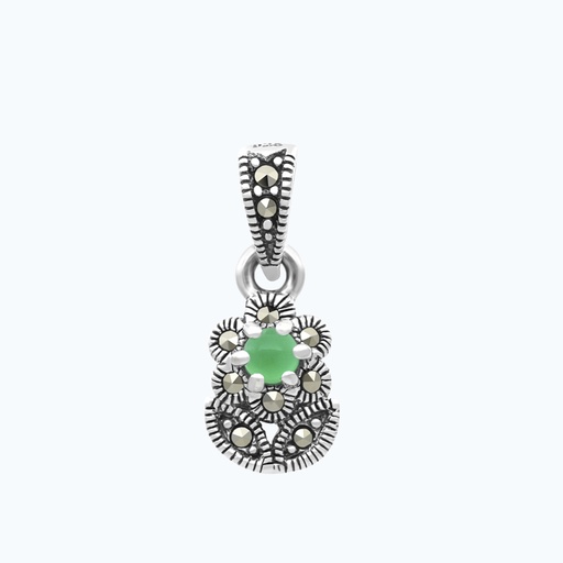 [PND04MAR00GAGA564] Sterling Silver 925 Pendant Embedded With Natural Green Agate And Marcasite Stones