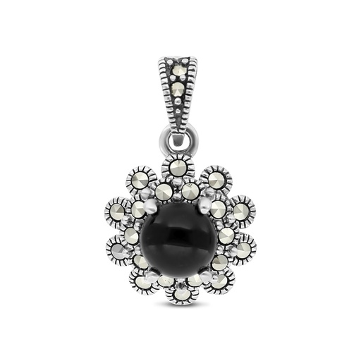 [PND04MAR00ONXA565] Sterling Silver 925 Pendant Embedded With Natural Black Agate And Marcasite Stones