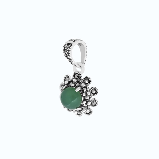 [PND04MAR00GAGA565] Sterling Silver 925 Pendant Embedded With Natural Green Agate And Marcasite Stones