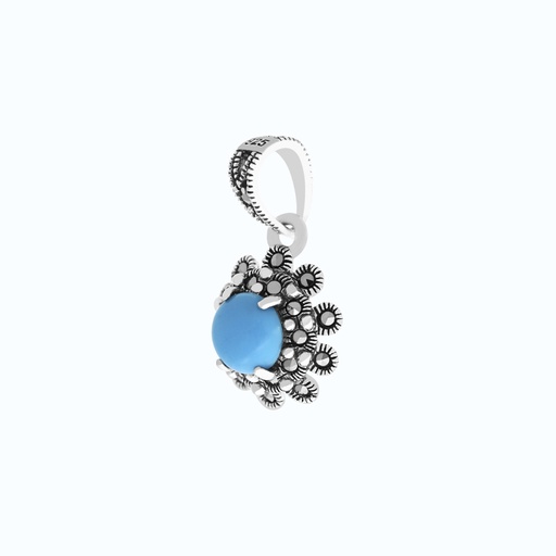 [PND04MAR00TRQA565] Sterling Silver 925 Pendant Embedded With Natural Processed Turquoise And Marcasite Stones