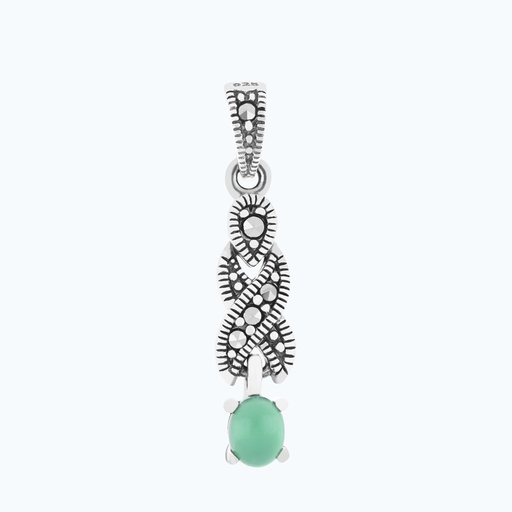 [PND04MAR00GAGA566] Sterling Silver 925 Pendant Embedded With Natural Green Agate And Marcasite Stones