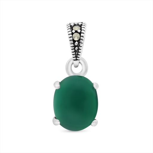 [PND04MAR00GAGA499] Sterling Silver 925 Pendant Embedded With Natural Green Agate And Marcasite Stones