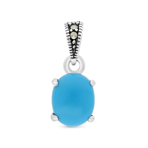 [PND04MAR00TRQA499] Sterling Silver 925 Pendant Embedded With Natural Processed Turquoise And Marcasite Stones
