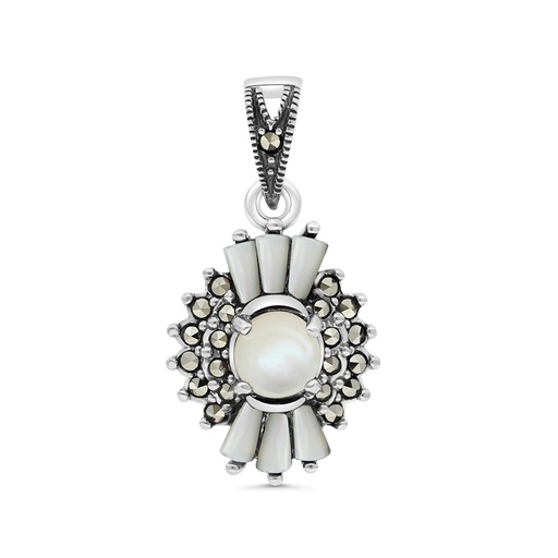 [PND04MAR00MOPA417] Sterling Silver 925 Pendant Embedded With Natural White Shell And Marcasite Stones