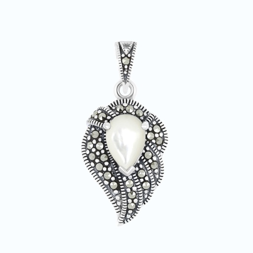 [PND04MAR00MOPA568] Sterling Silver 925 Pendant Embedded With Natural White Shell And Marcasite Stones