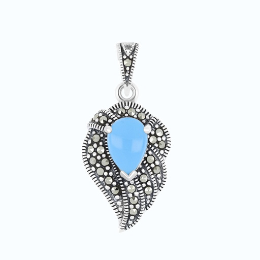 [PND04MAR00TRQA568] Sterling Silver 925 Pendant Embedded With Natural Processed Turquoise And Marcasite Stones
