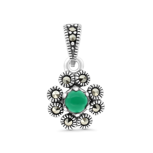 [PND04MAR00GAGA569] Sterling Silver 925 Pendant Embedded With Natural Green Agate And Marcasite Stones