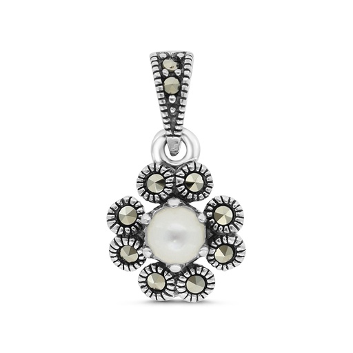 [PND04MAR00MOPA569] Sterling Silver 925 Pendant Embedded With Natural White Shell And Marcasite Stones