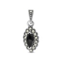 Sterling Silver 925 Pendant Embedded With Natural Black Agate And Marcasite Stones