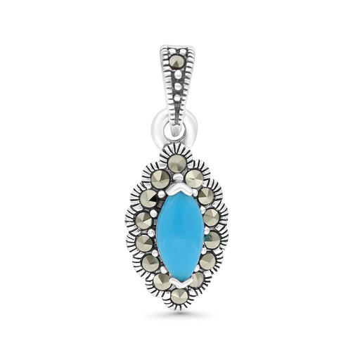 [PND04MAR00TRQA570] Sterling Silver 925 Pendant Embedded With Natural Processed Turquoise And Marcasite Stones