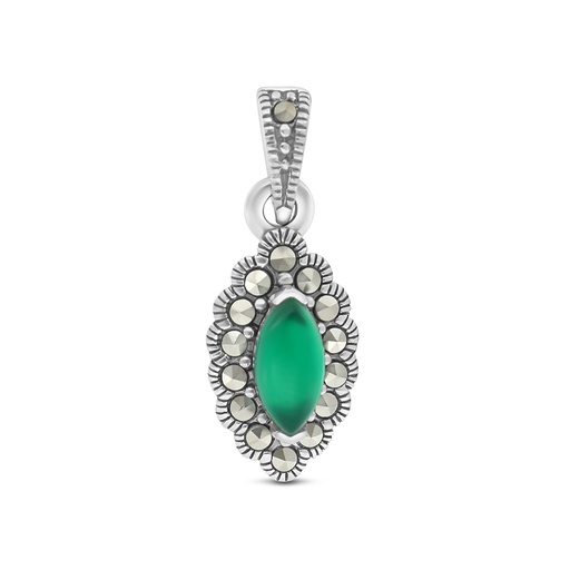 [PND04MAR00GAGA570] Sterling Silver 925 Pendant Embedded With Natural Green Agate And Marcasite Stones