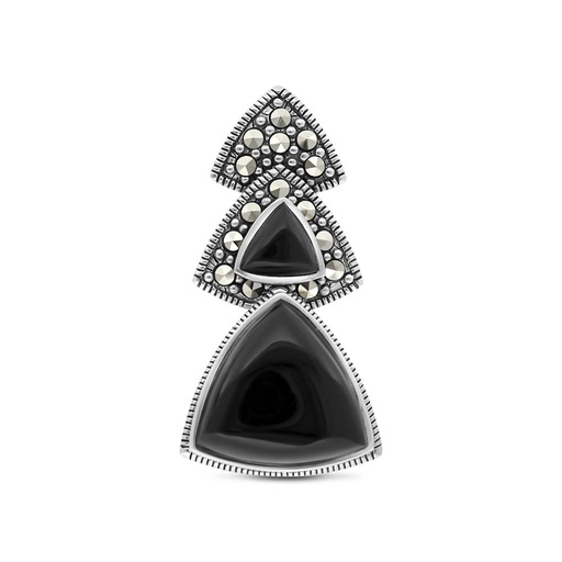 [PND04MAR00ONXA436] Sterling Silver 925 Pendant Embedded With Natural Black Agate And Marcasite Stones