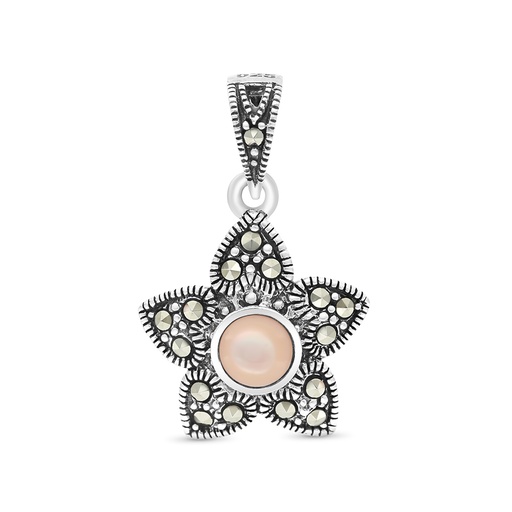 [PND04MAR00PNKA438] Sterling Silver 925 Pendant Embedded With Natural Pink Shell And Marcasite Stones